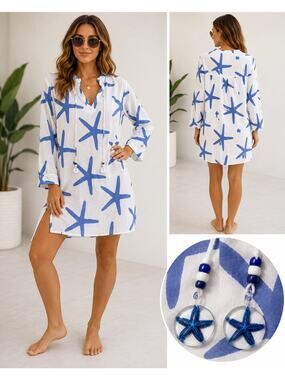 West Indies Blue Starfish Print Tunic Cover Up Dress Beach Resort Medium